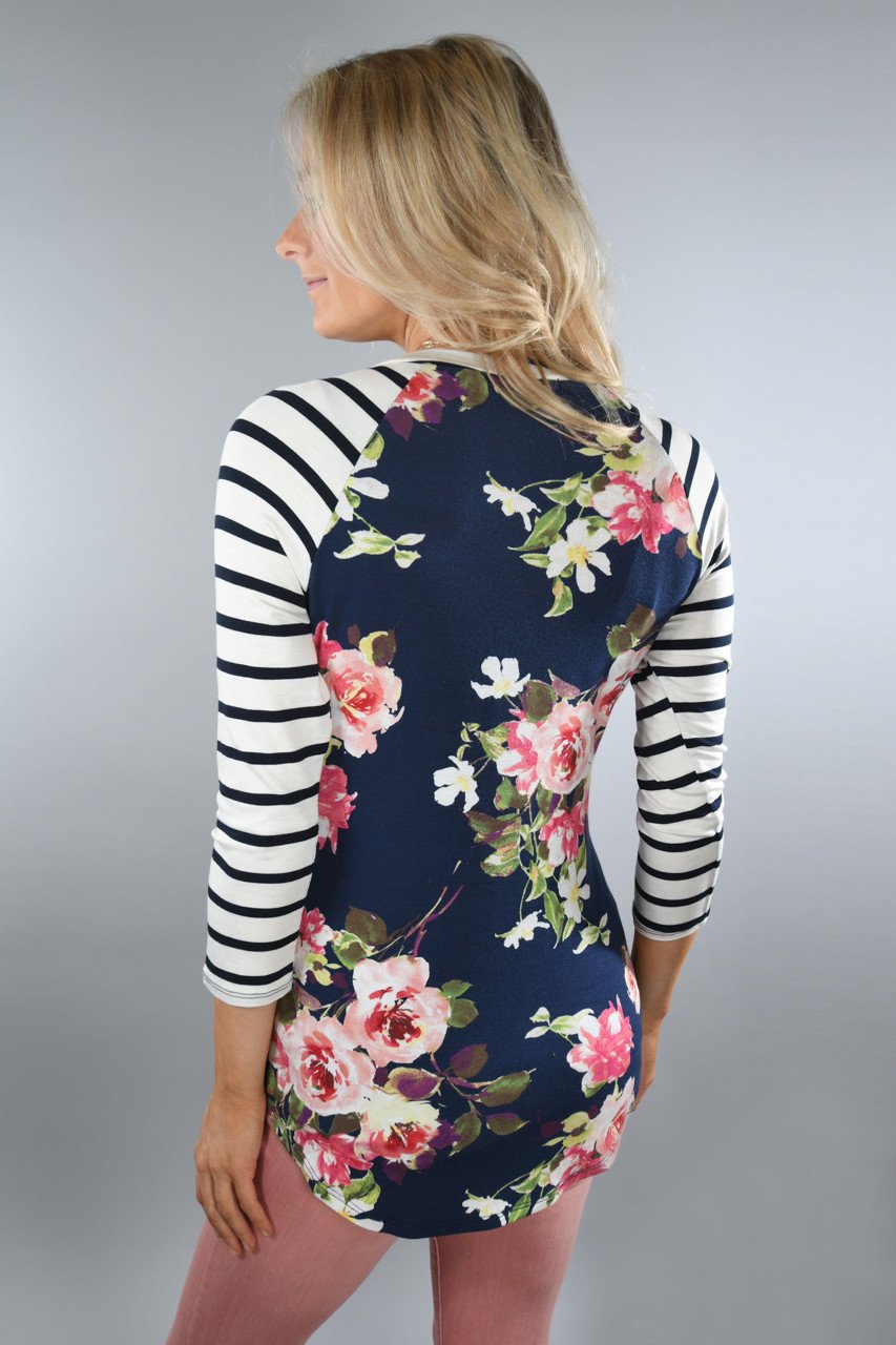 Navy Floral And Stripes Top