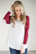 Maroon Striped Elbow Patch Top