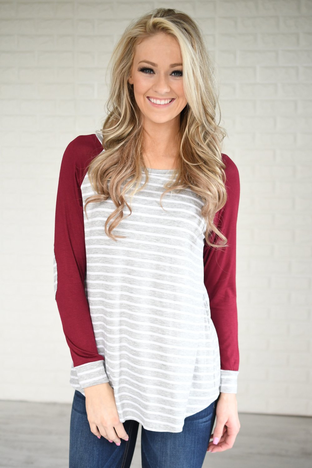 Maroon Striped Elbow Patch Top