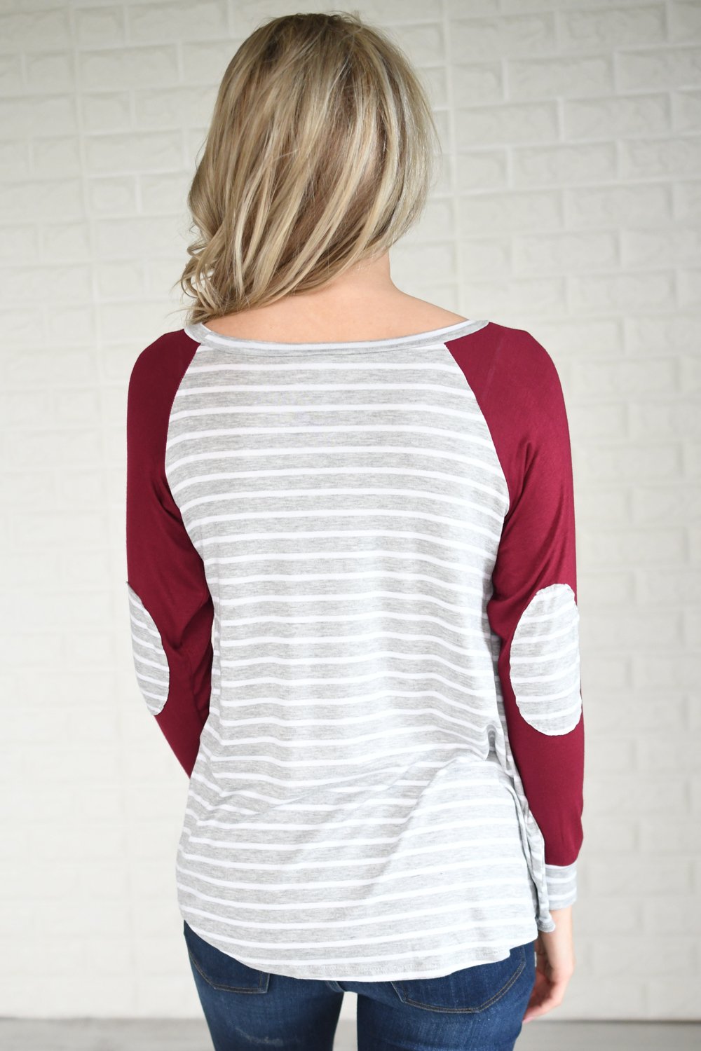 Maroon Striped Elbow Patch Top