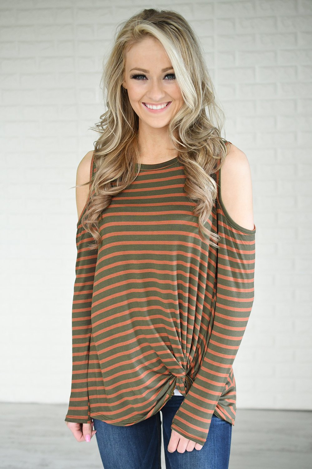 Walk This Way Cold Shoulder Knot Top ~ Burnt Orange & Olive