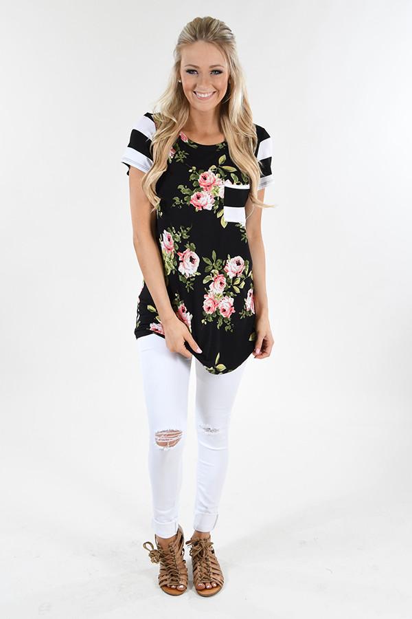 Black Floral & Striped Pocket Top
