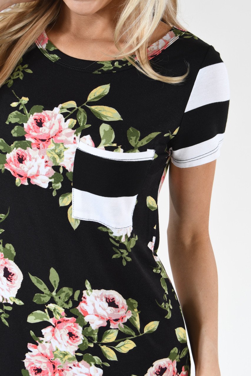 Black Floral & Striped Pocket Top