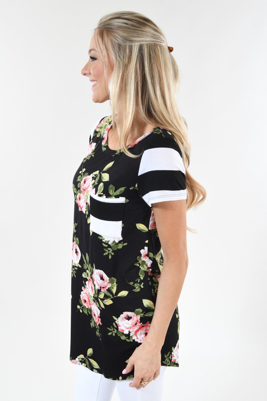 Black Floral & Striped Pocket Top