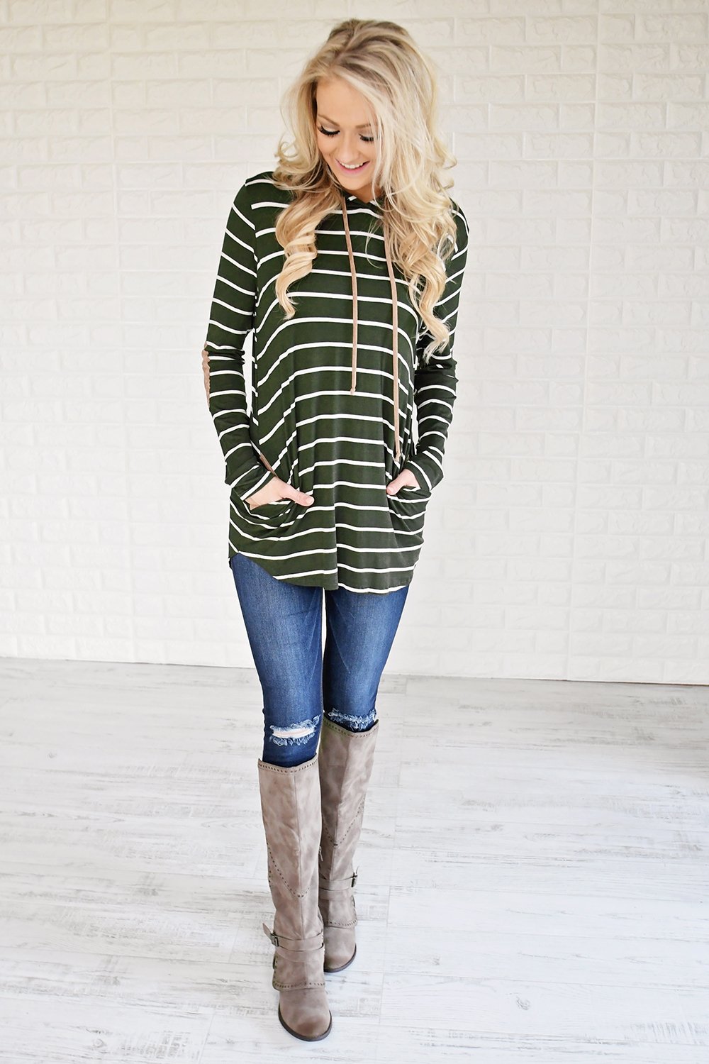 Olive Striped Hoodie w/ Elbow Patches
