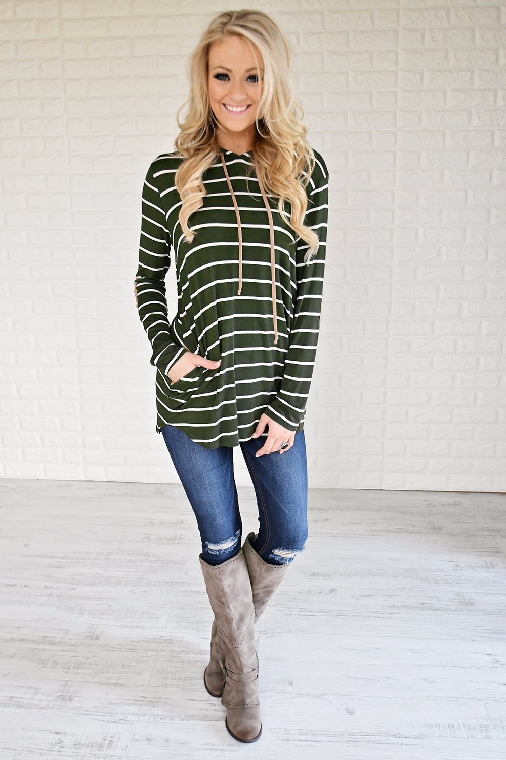 Olive Striped Hoodie w/ Elbow Patches