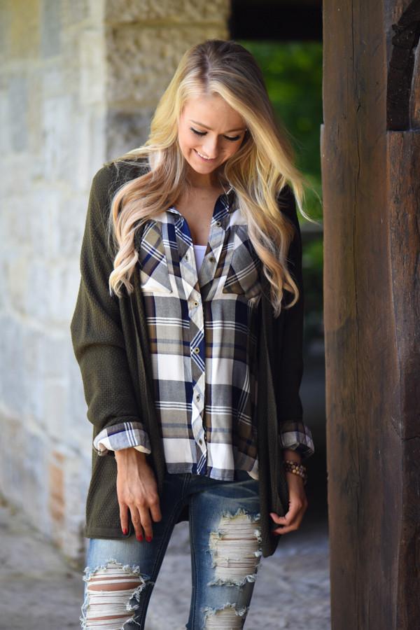 Traditional Olive & Navy Plaid Top