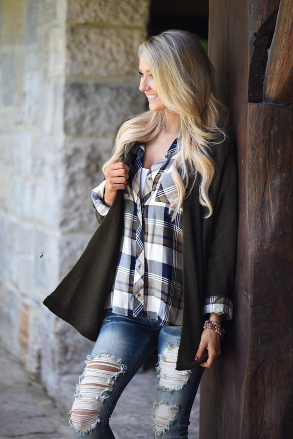 Traditional Olive & Navy Plaid Top