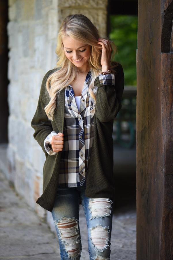 Traditional Olive & Navy Plaid Top