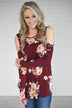 Burgundy Floral Cold Shoulder Top