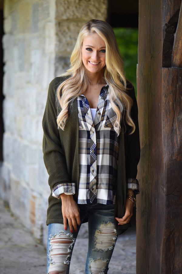 Traditional Olive & Navy Plaid Top
