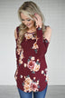 Burgundy Floral Cold Shoulder Top
