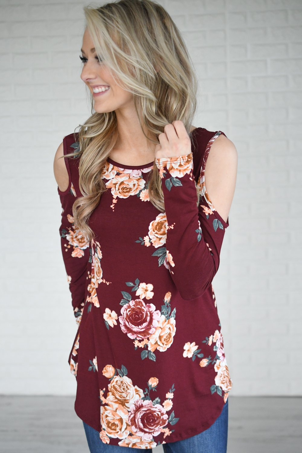 Burgundy Floral Cold Shoulder Top