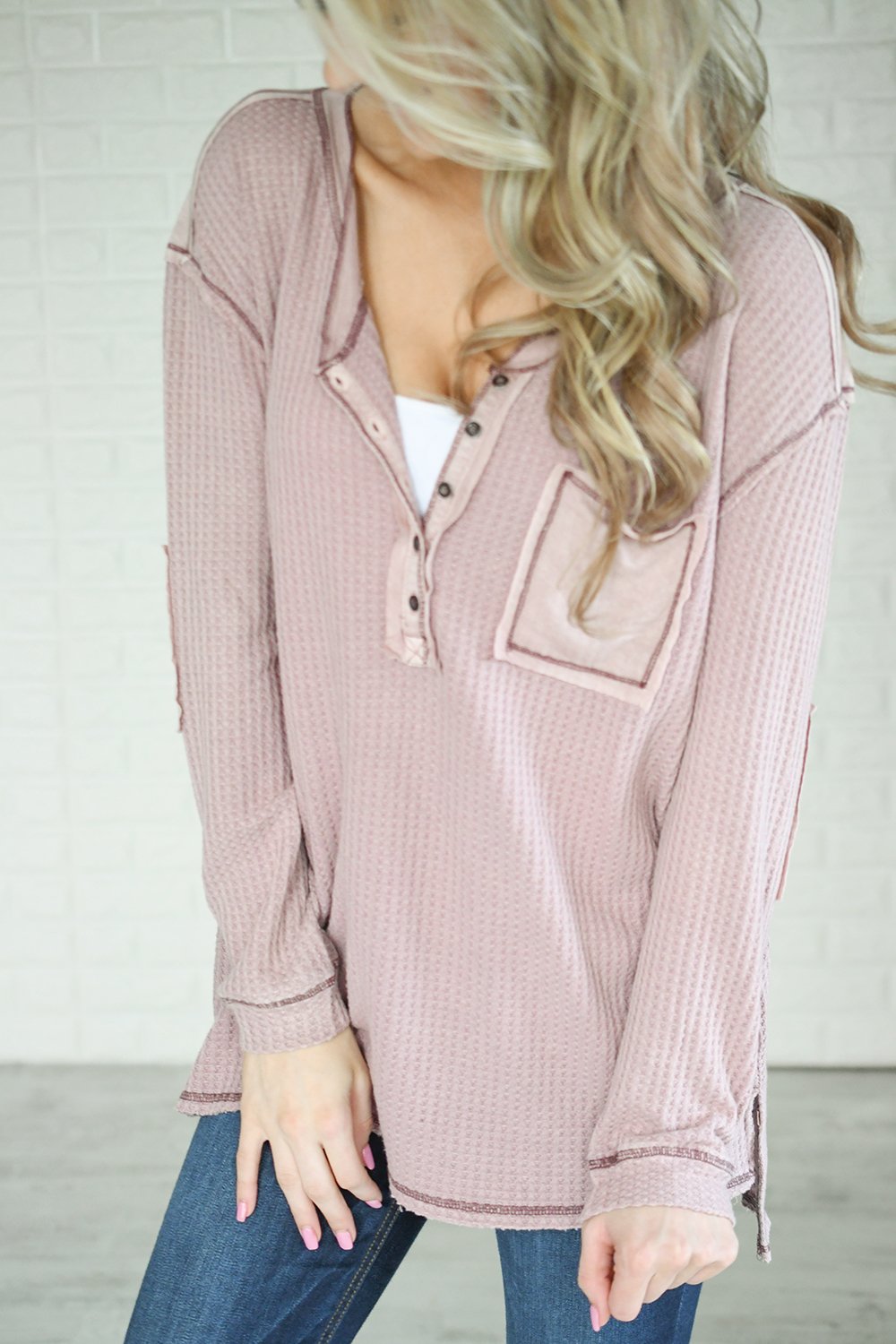 Mauve Elbow Patch Thermal Top