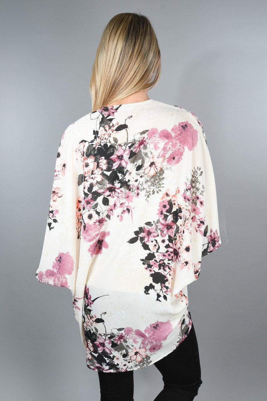 Black and Lilac Floral Kimono