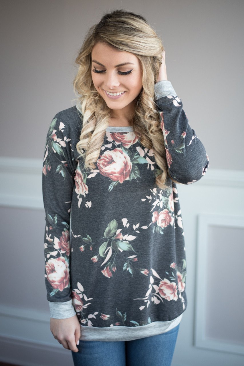 On My Level Floral Top ~ Charcoal