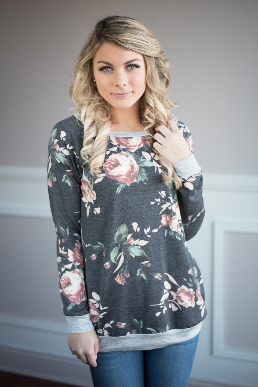 On My Level Floral Top ~ Charcoal