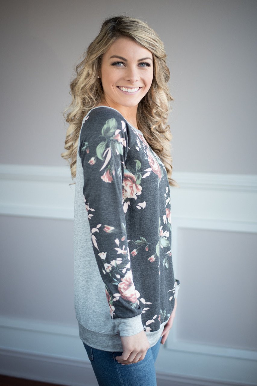 On My Level Floral Top ~ Charcoal