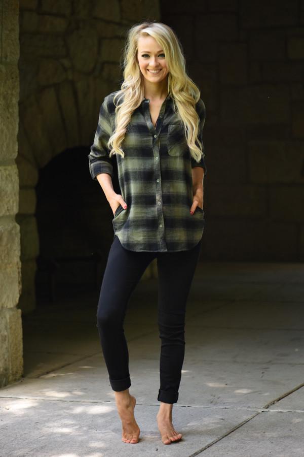 Traditional Olive & Black Plaid Top