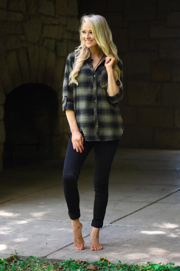 Traditional Olive & Black Plaid Top