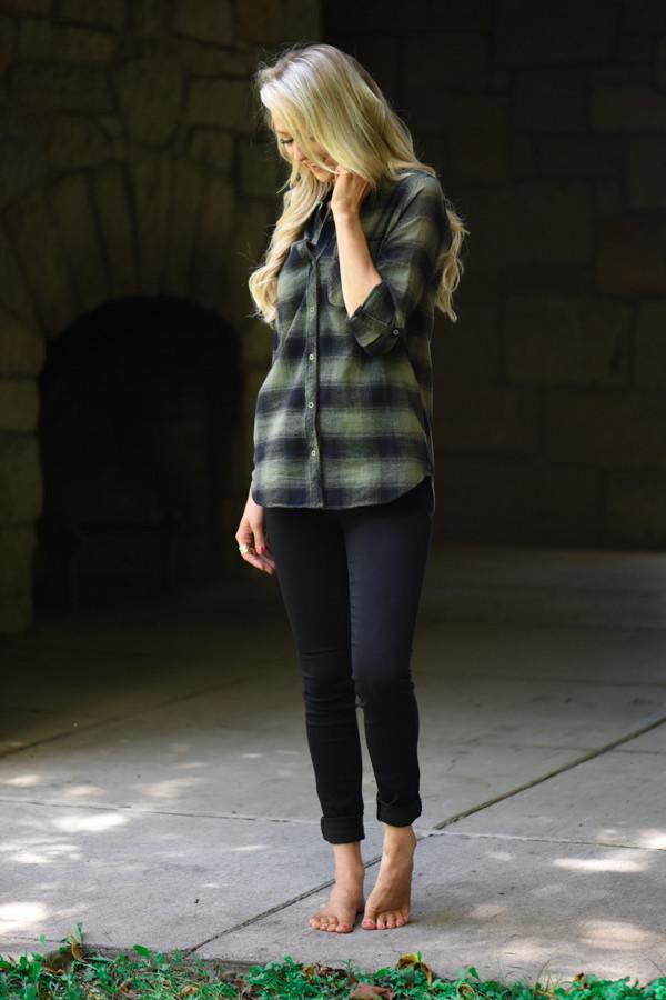 Traditional Olive & Black Plaid Top
