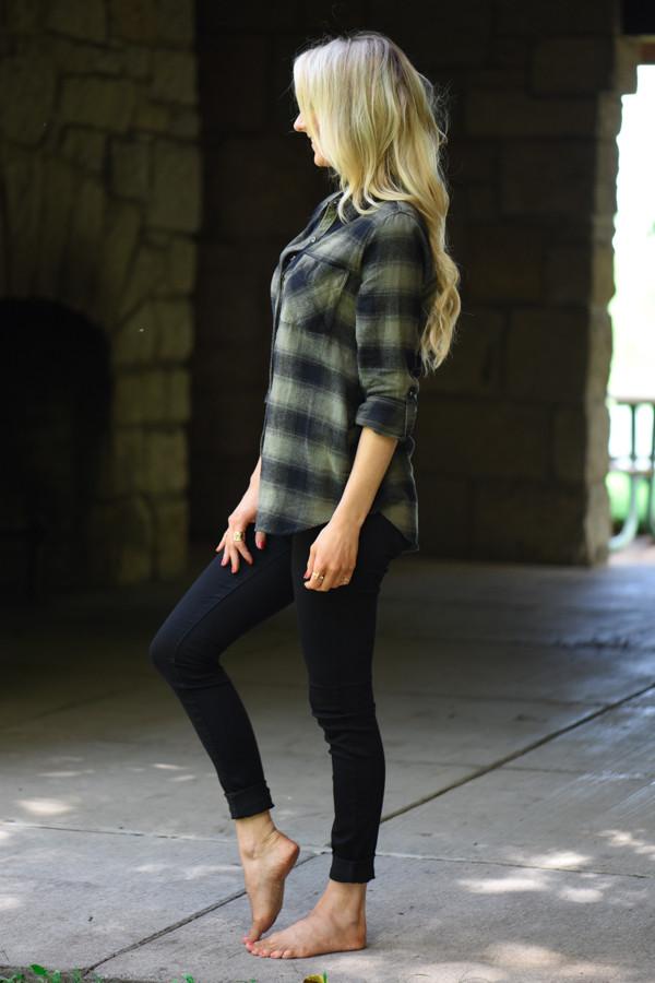 Traditional Olive & Black Plaid Top