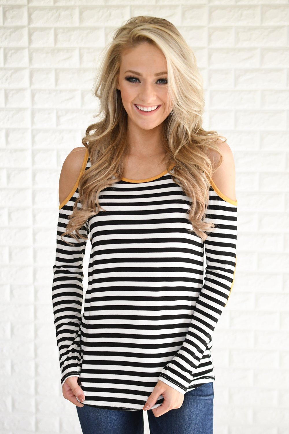 Mustard & Stripes Cold Shoulder Top