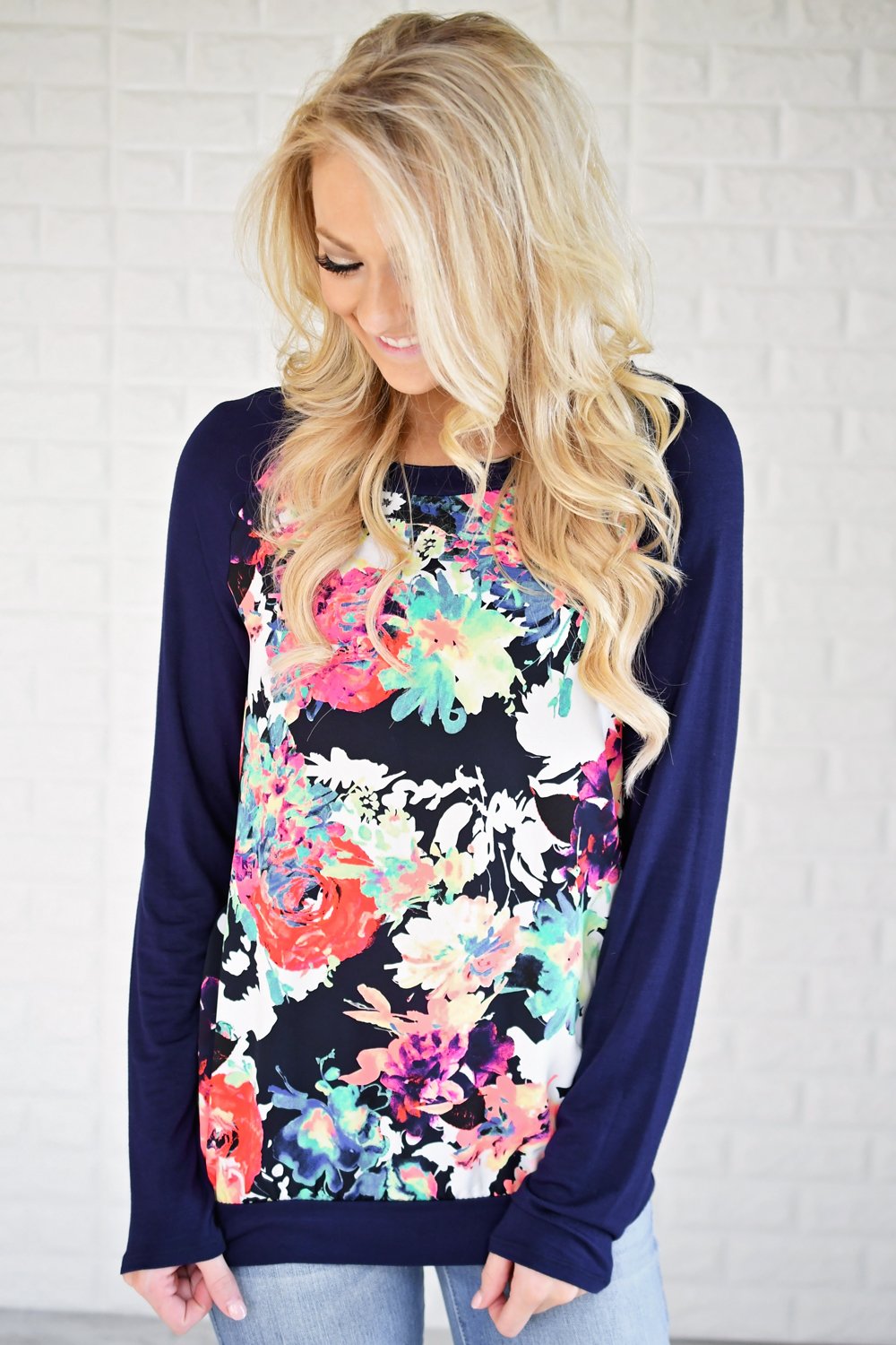 Never Shy Navy Floral Long Sleeve Top