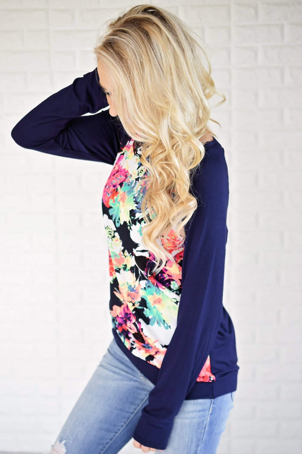 Never Shy Navy Floral Long Sleeve Top