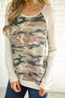 Look At Me Now Distressed Camo Top ~ Oatmeal