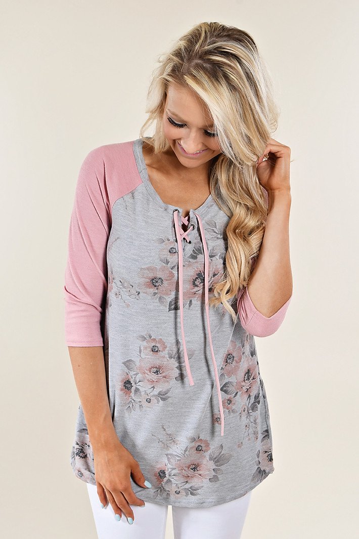 3/4 Sleeve Pink & Grey Floral Top