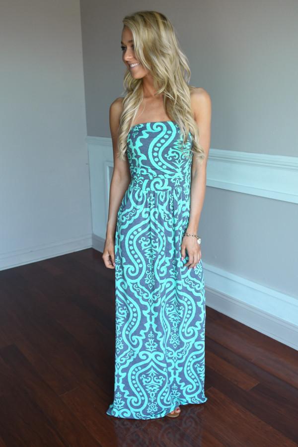 Mint & Gray Damask Maxi Dress with Pockets