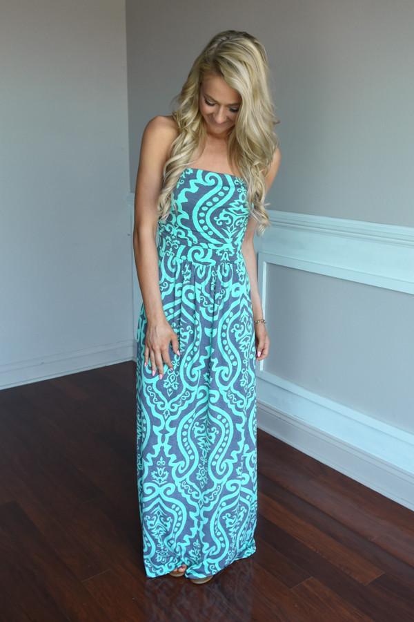 Mint & Gray Damask Maxi Dress with Pockets