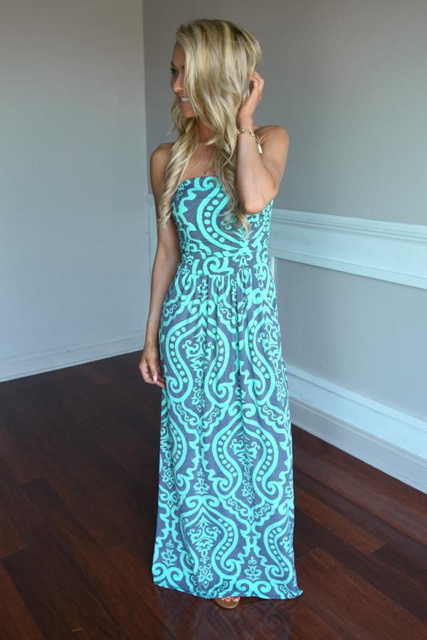 Mint & Gray Damask Maxi Dress with Pockets