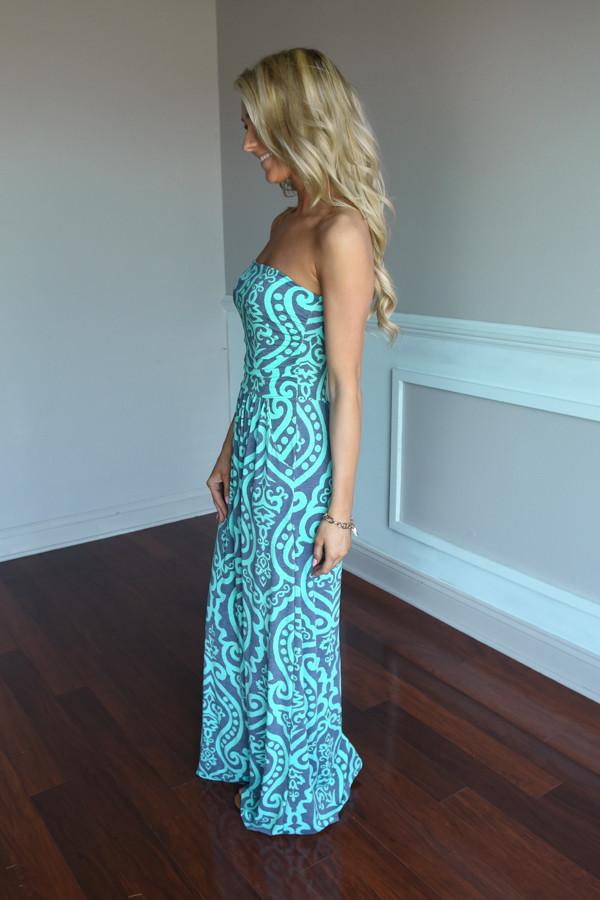 Mint & Gray Damask Maxi Dress with Pockets