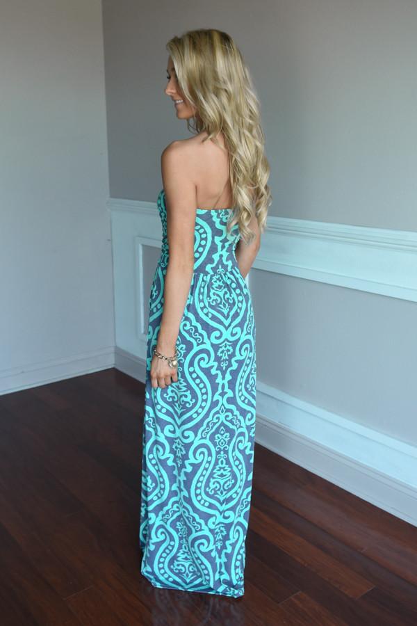 Mint & Gray Damask Maxi Dress with Pockets