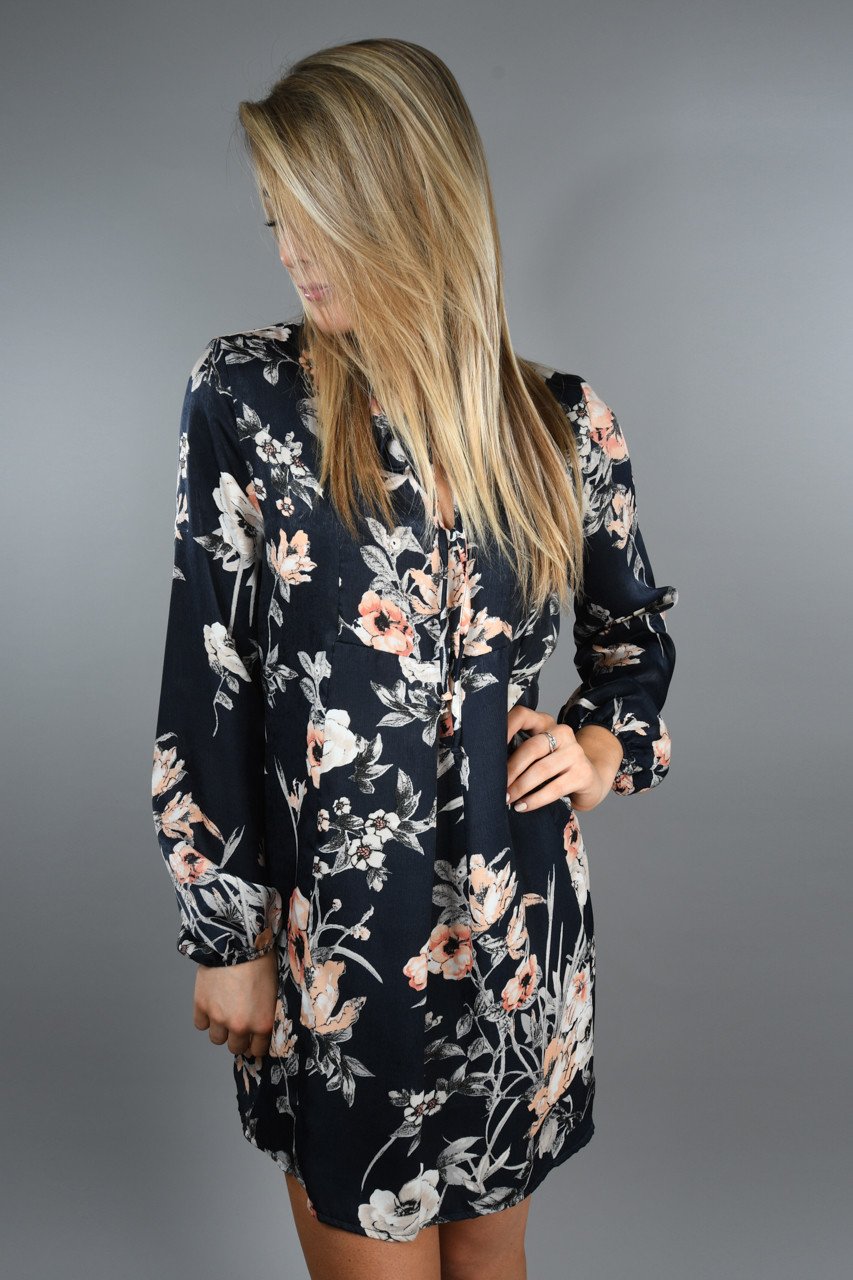 Navy and Light Coral Floral Dress