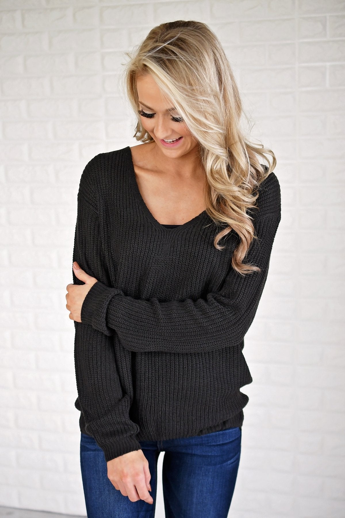 Deep Charcoal Knit Back Lace Sweater
