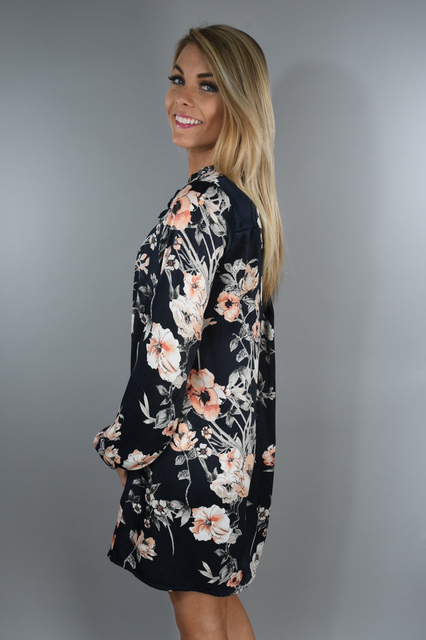Navy and Light Coral Floral Dress