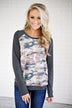 Look At Me Now Distressed Camo Top ~ Charcoal