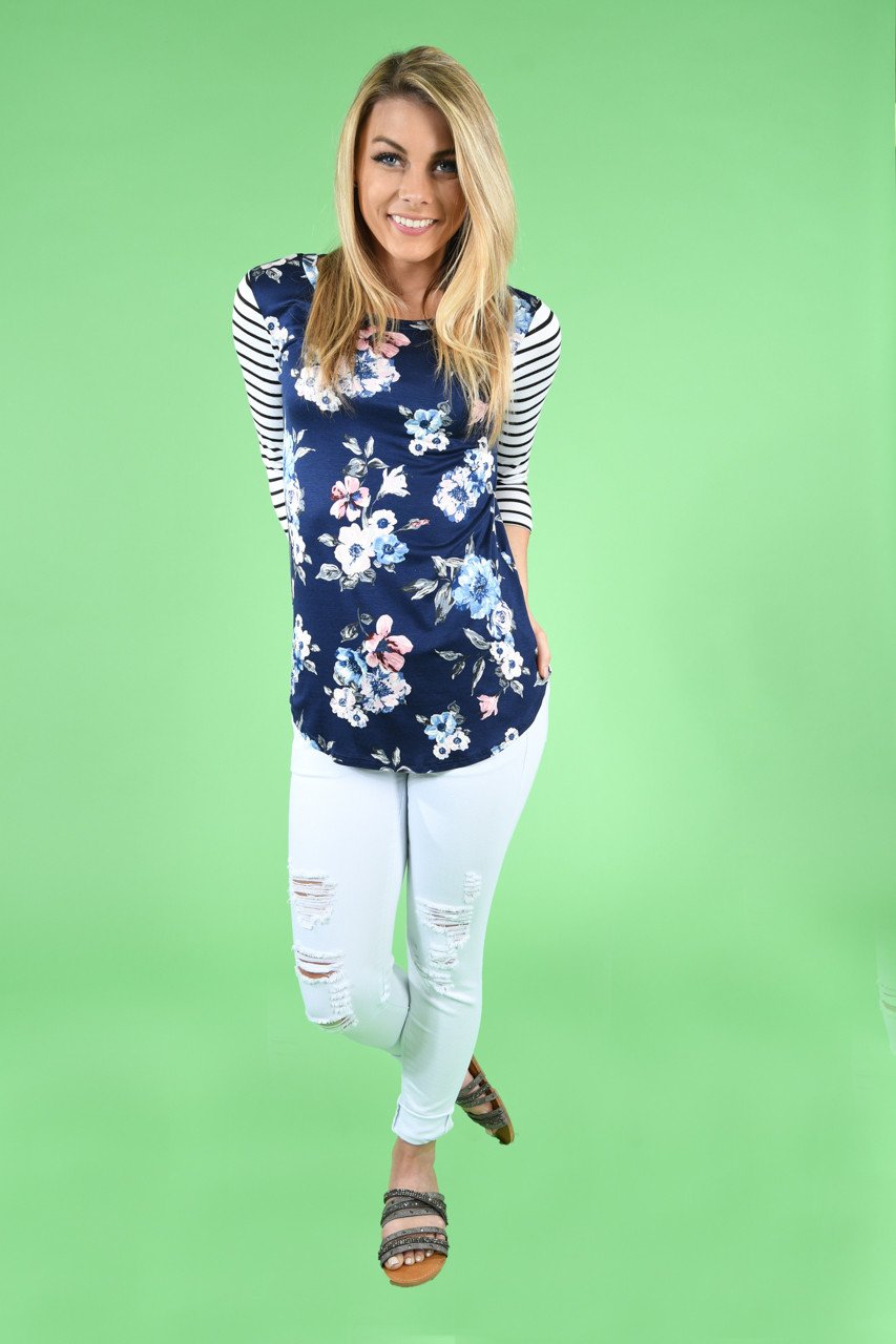 Navy Striped Floral Top
