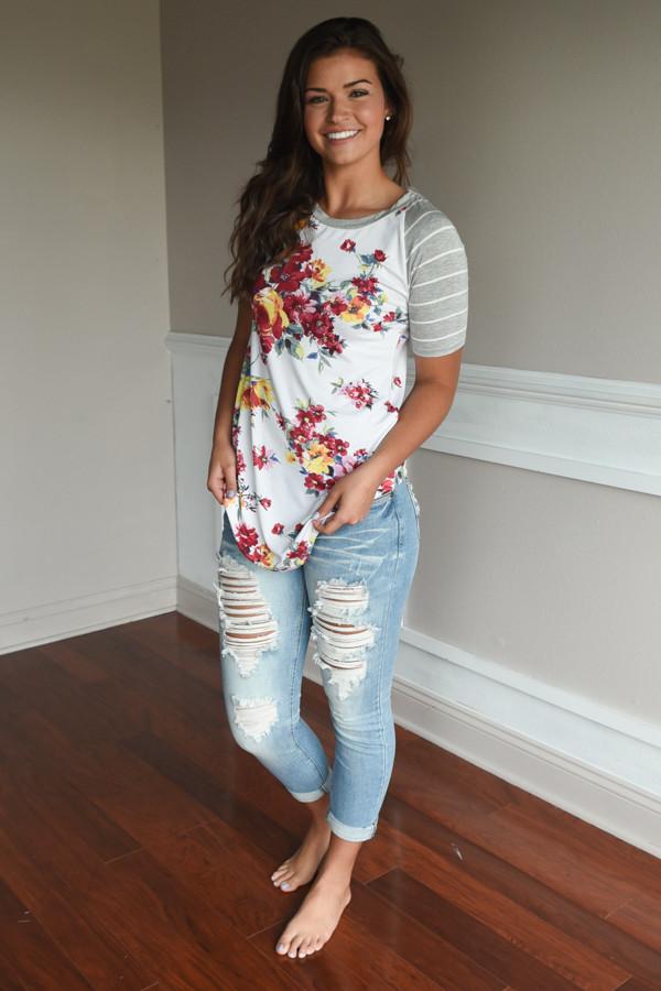 A Little Flirty Floral Top Grey