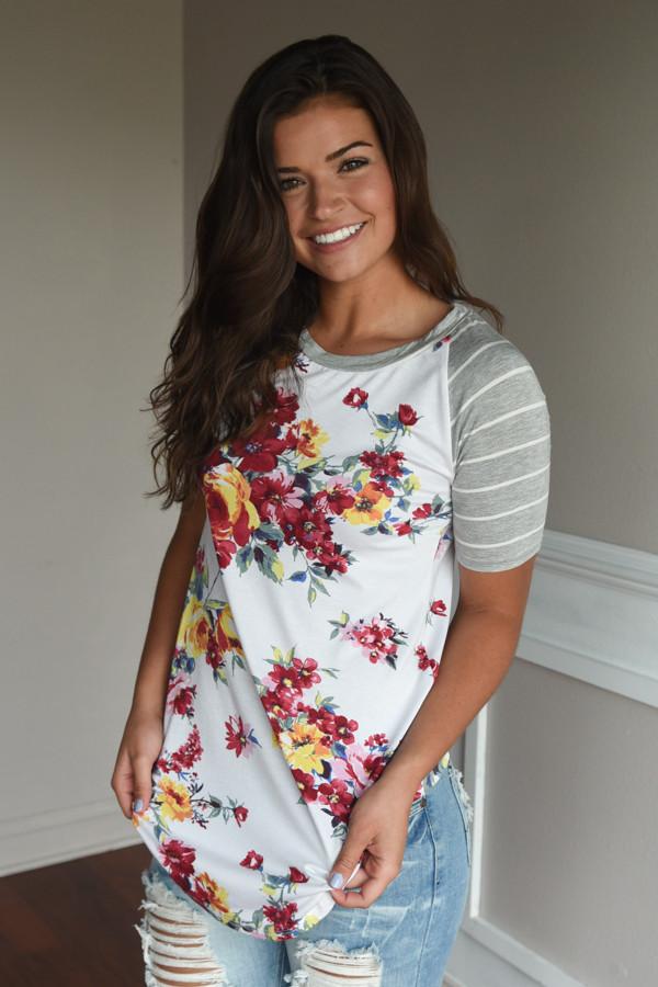 A Little Flirty Floral Top Grey