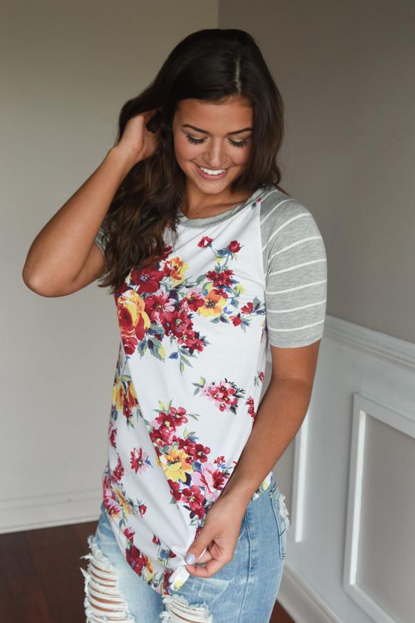 A Little Flirty Floral Top Grey