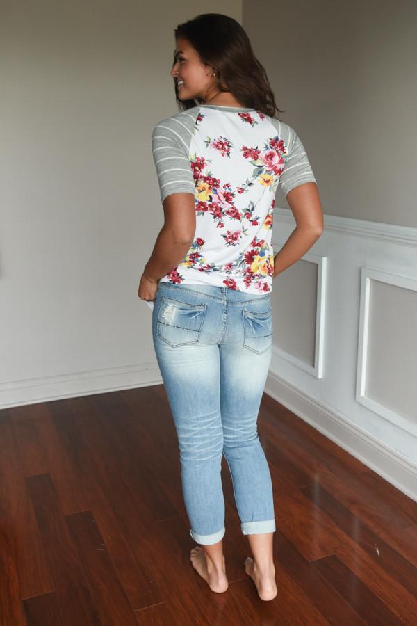 A Little Flirty Floral Top Grey