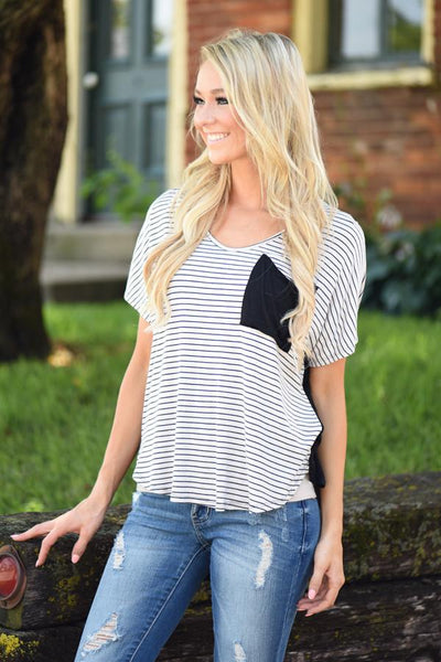 Just Friends Striped Pocket Top – The Pulse Boutique