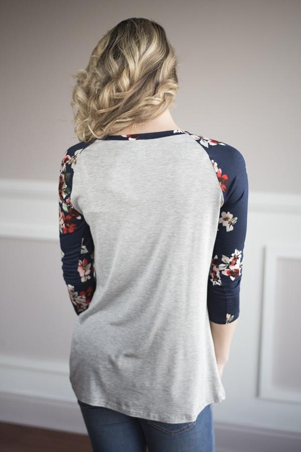 3/4 Sleeve Navy Floral Top