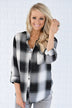 Black and Cream Button Up Plaid Top