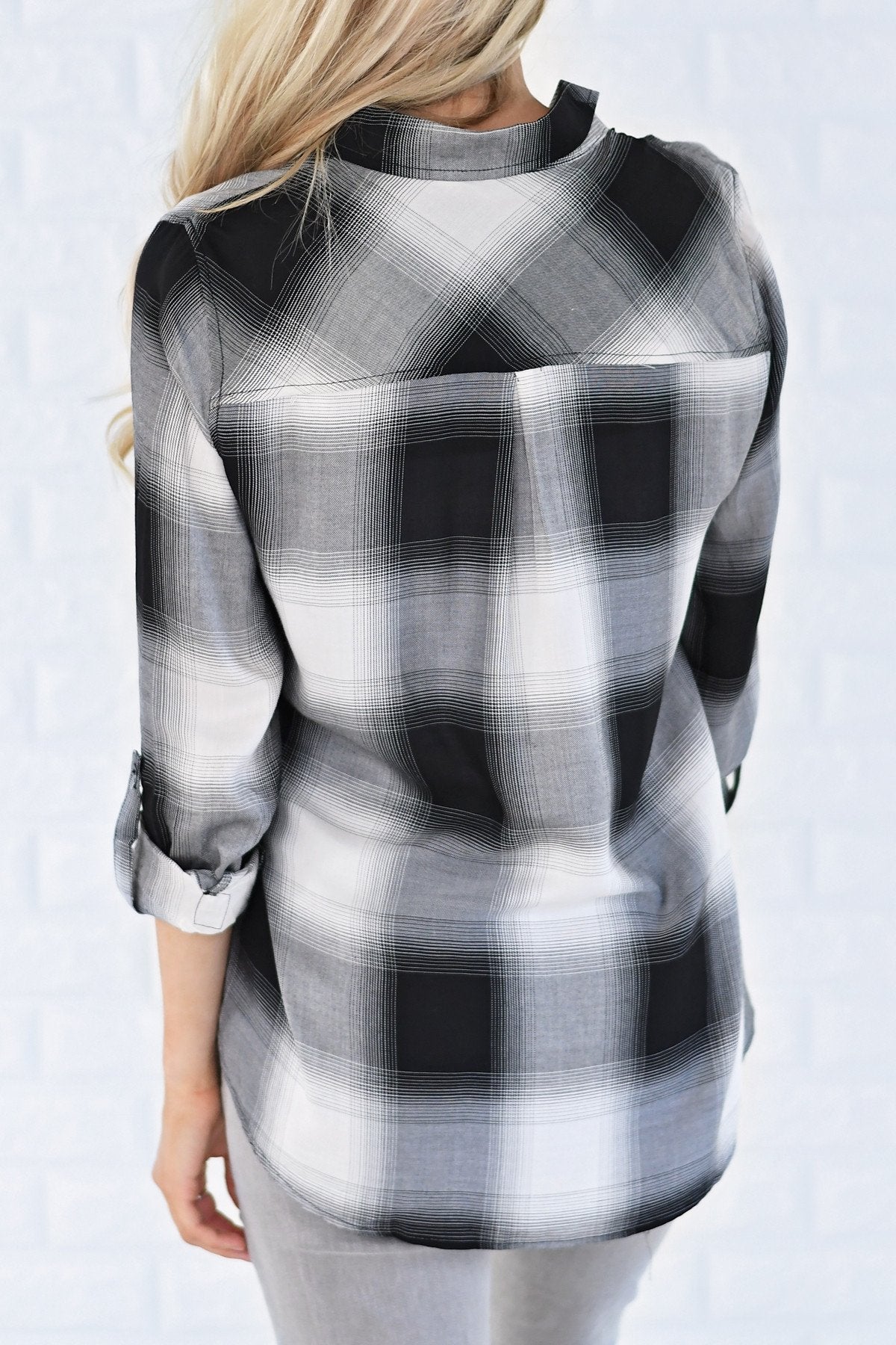 Black and Cream Button Up Plaid Top