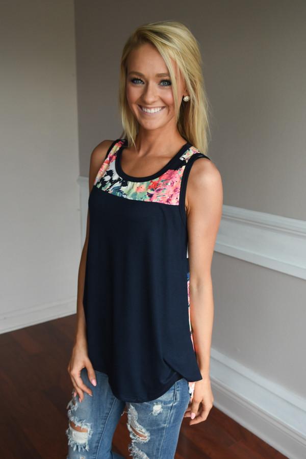 Don't Be Shy Floral Tank Top ~ Navy